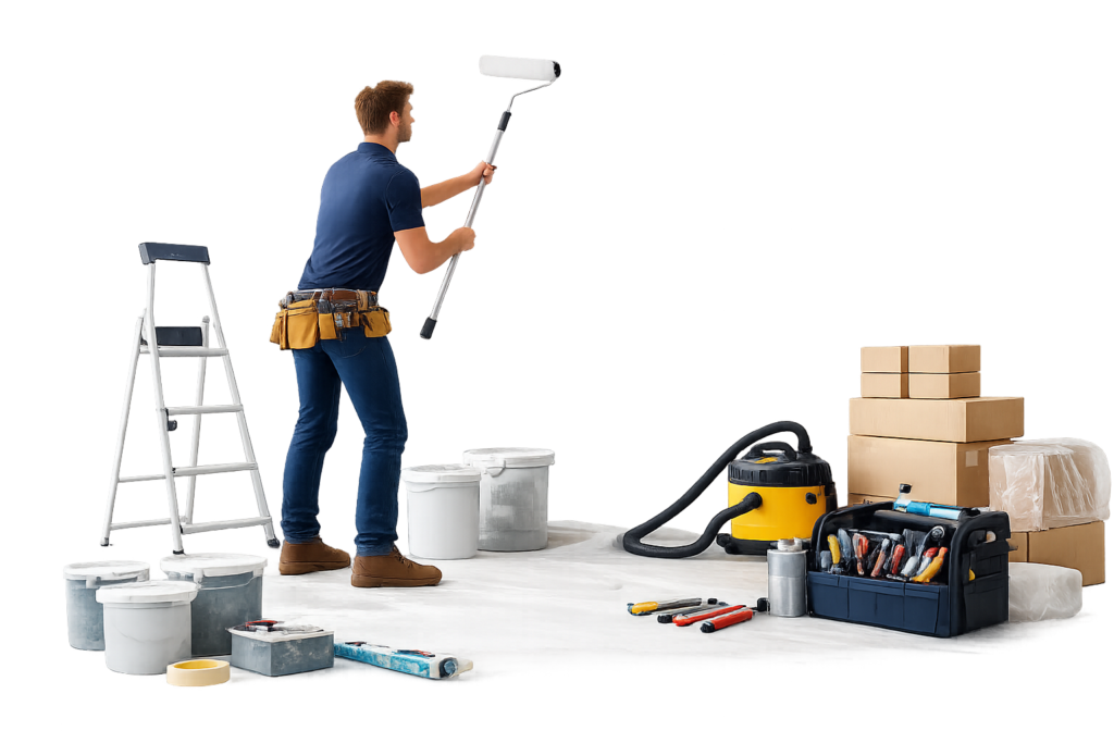 Tradesperson carrying out a void refresh and pre-let preparation in a rental property