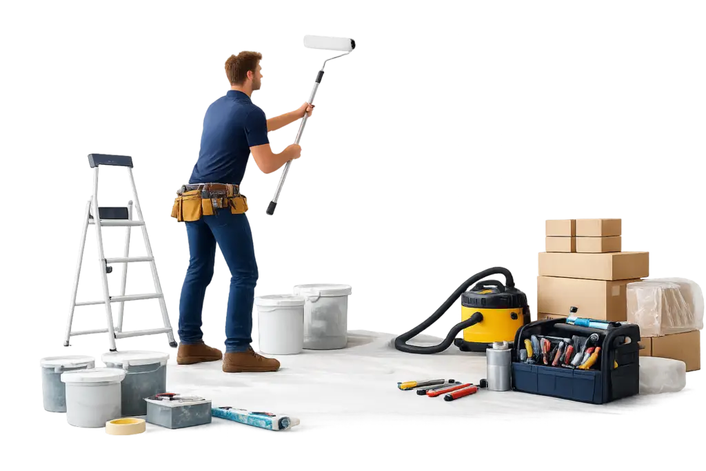 Tradesperson carrying out a void refresh and pre-let preparation in a rental property