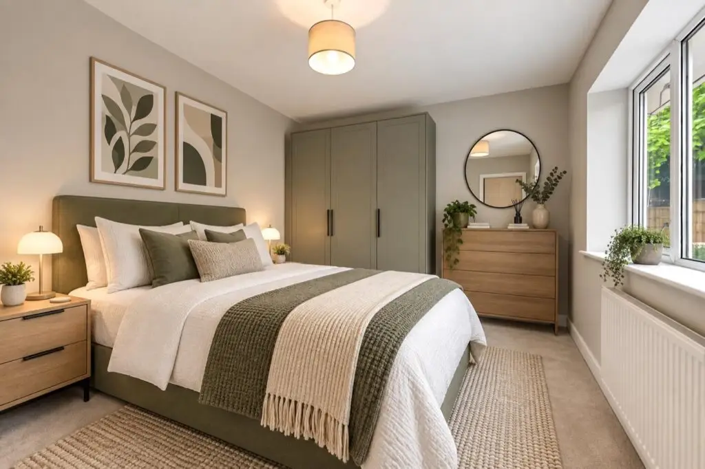 Refurbished bedroom, replastered and redecorated (furniture virtually staged by the estate agent)