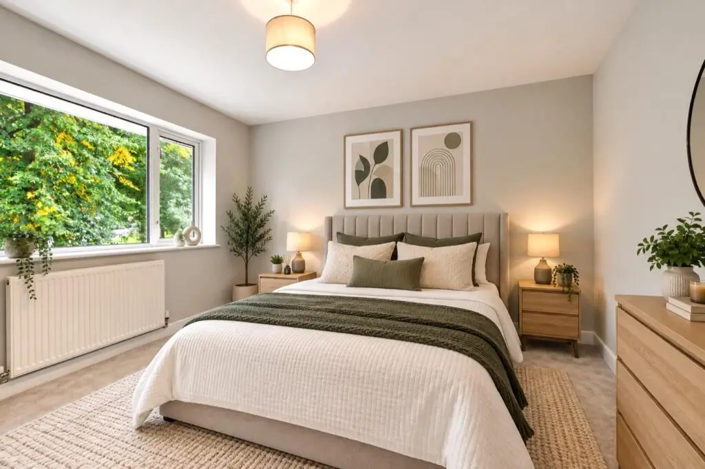 Refurbished front bedroom, replastered and redecorated (furniture virtually staged by the estate agent)