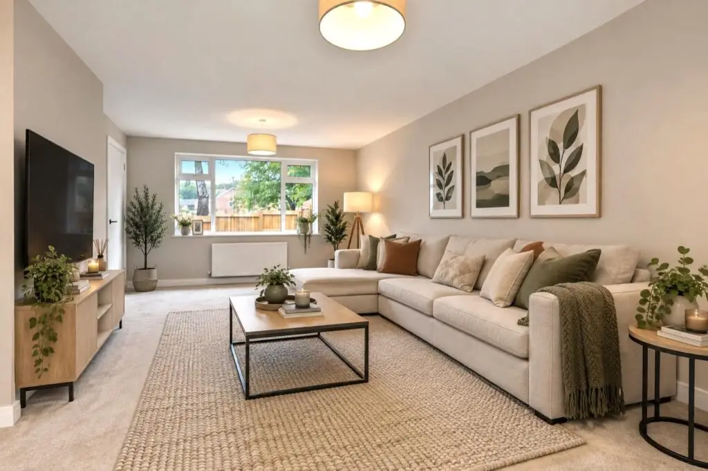 Refurbished living room with new carpet and fresh decoration (furniture virtually staged by the estate agent)